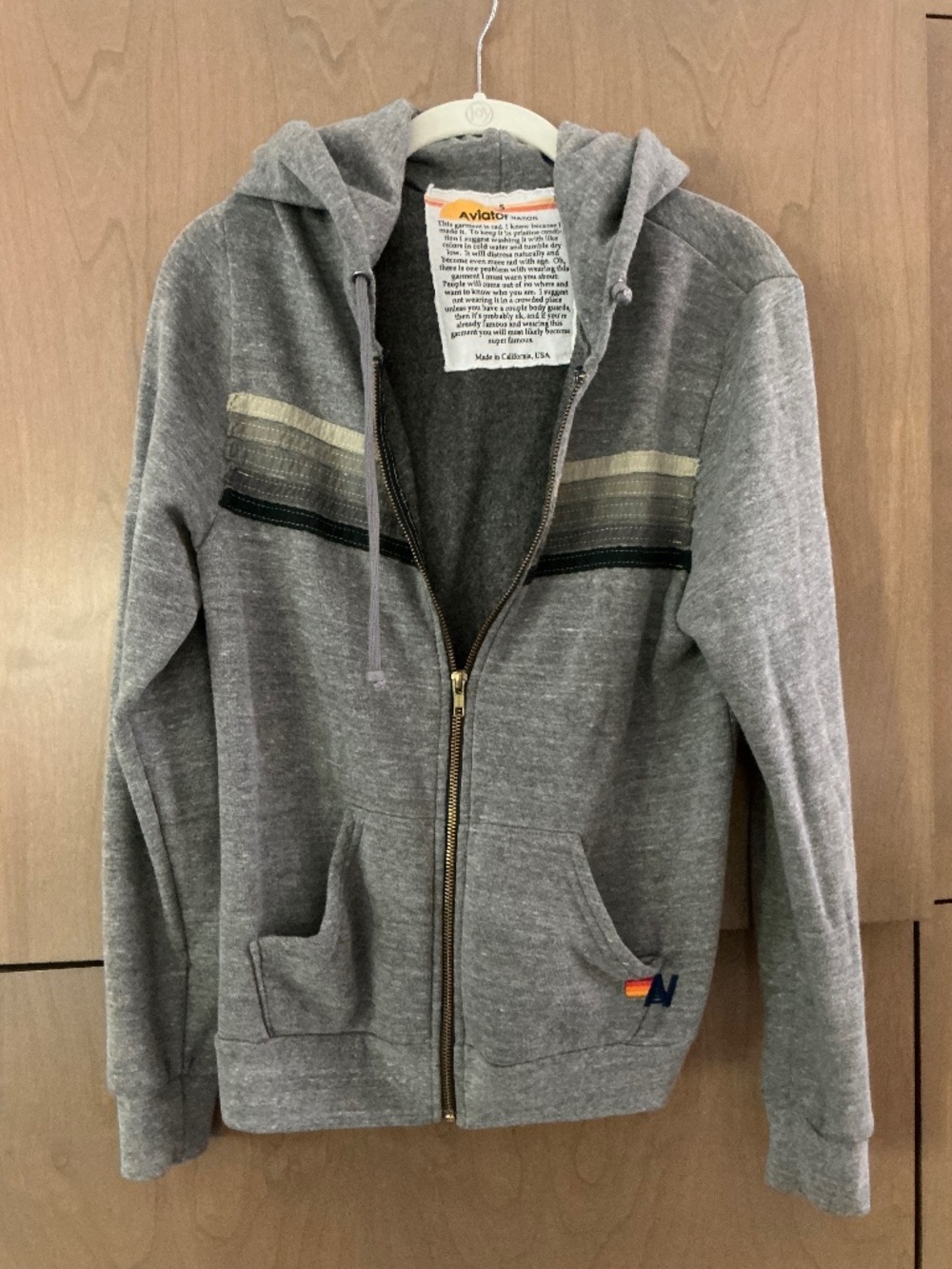 Aviator Nation Zip Up Hoodie Gray Distressed Striped Fleece USA